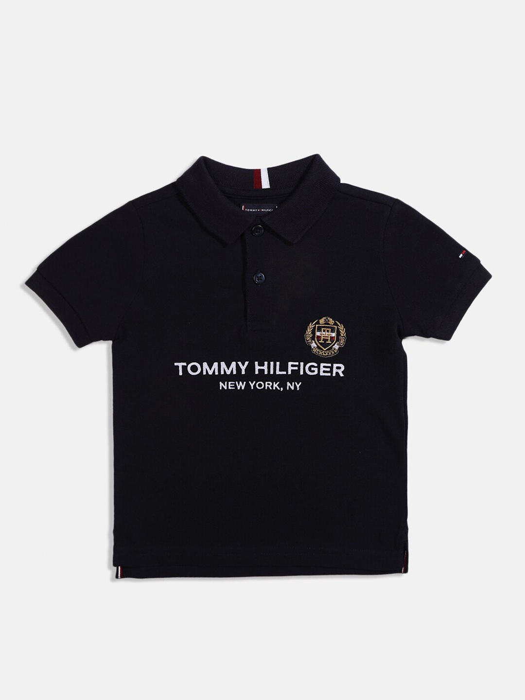 

Tommy Hilfiger Boys Typography Printed Cotton Polo Collar T-shirt, Navy blue