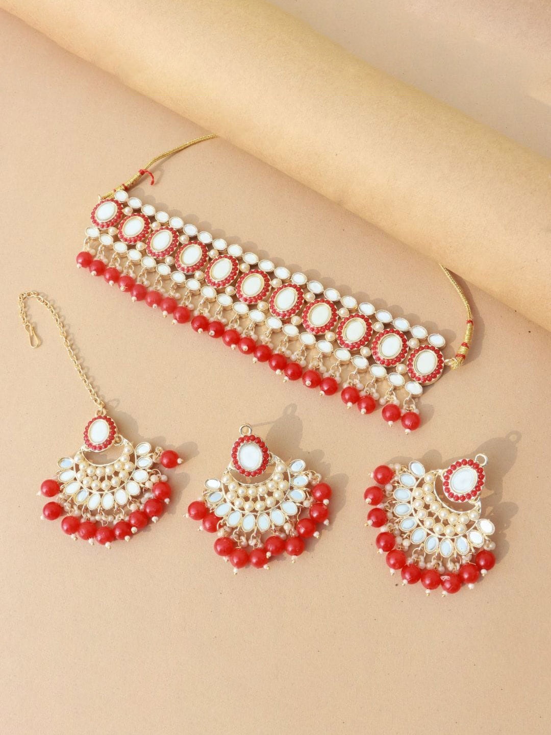 

I Jewels Gold-Plated Stones & Beads Studded Jewellery Set, Red