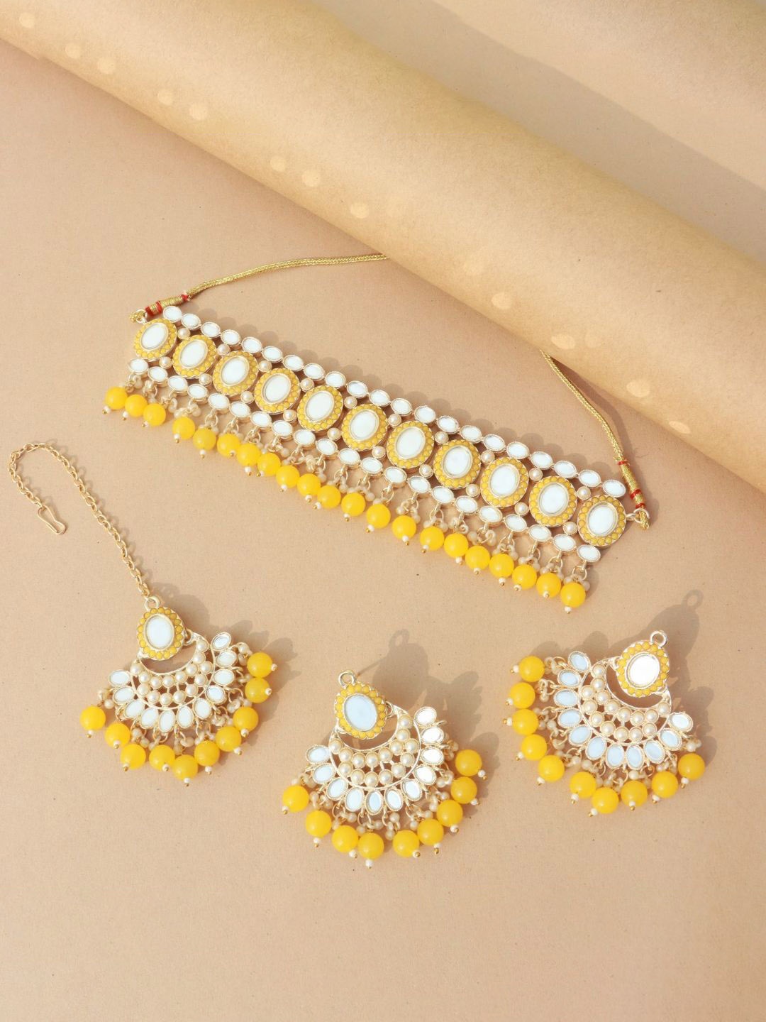 

I Jewels Gold-Plated South Indian Style Kundan Studded Alloy Jewellery Set, Yellow