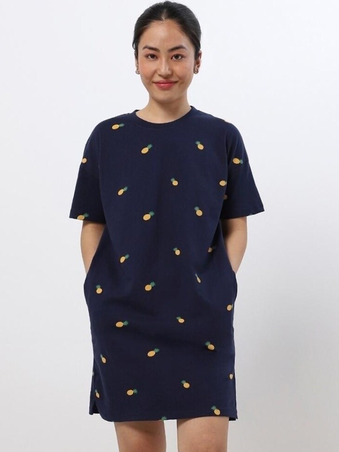 

Bewakoof Printed Cotton Round Neck Jumper Dress, Navy blue
