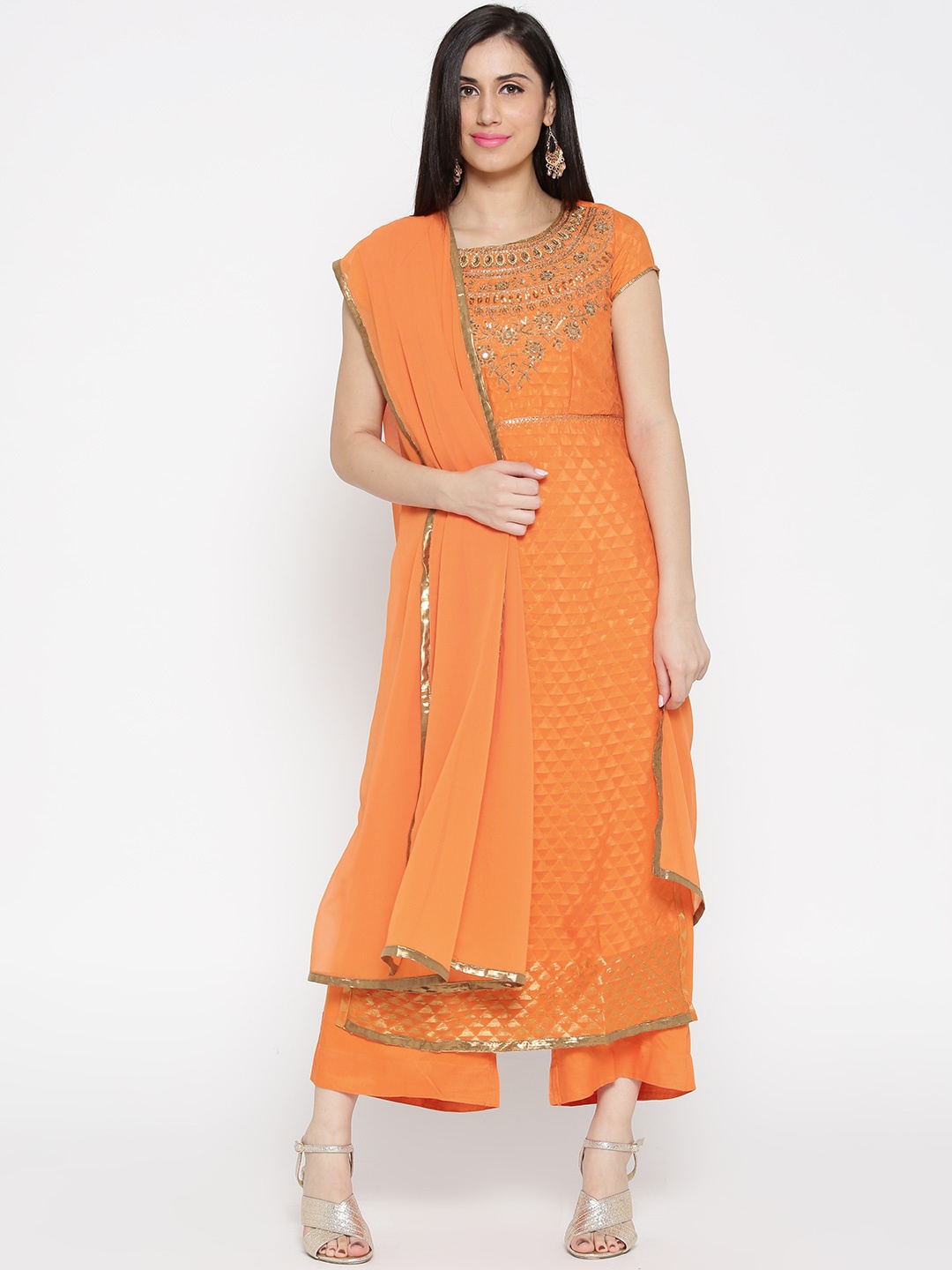 

Biba Women Orange Embellished Kurta with Palazzos & Dupatta