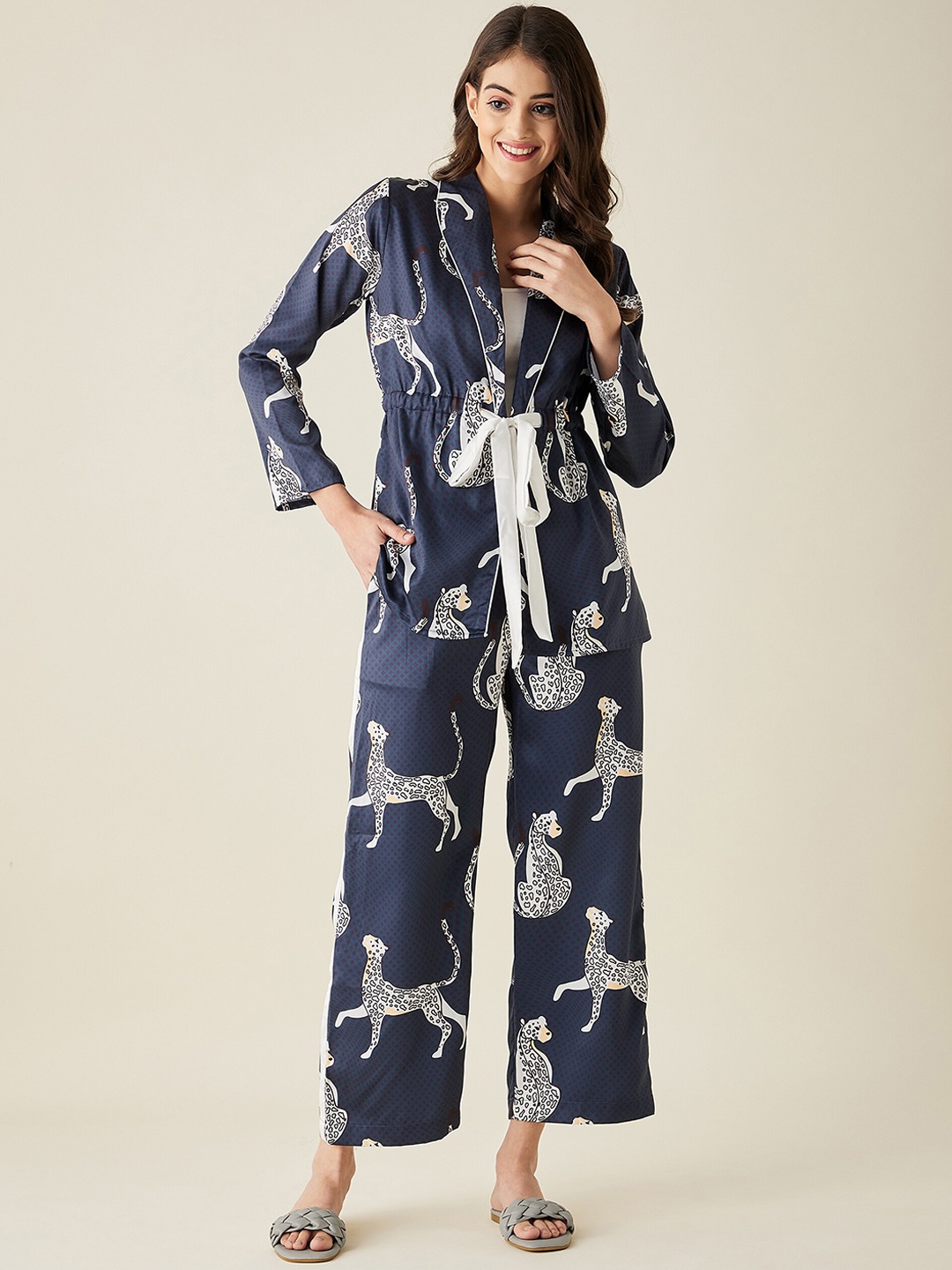 

The Kaftan Company Women Printed Night suit, Navy blue
