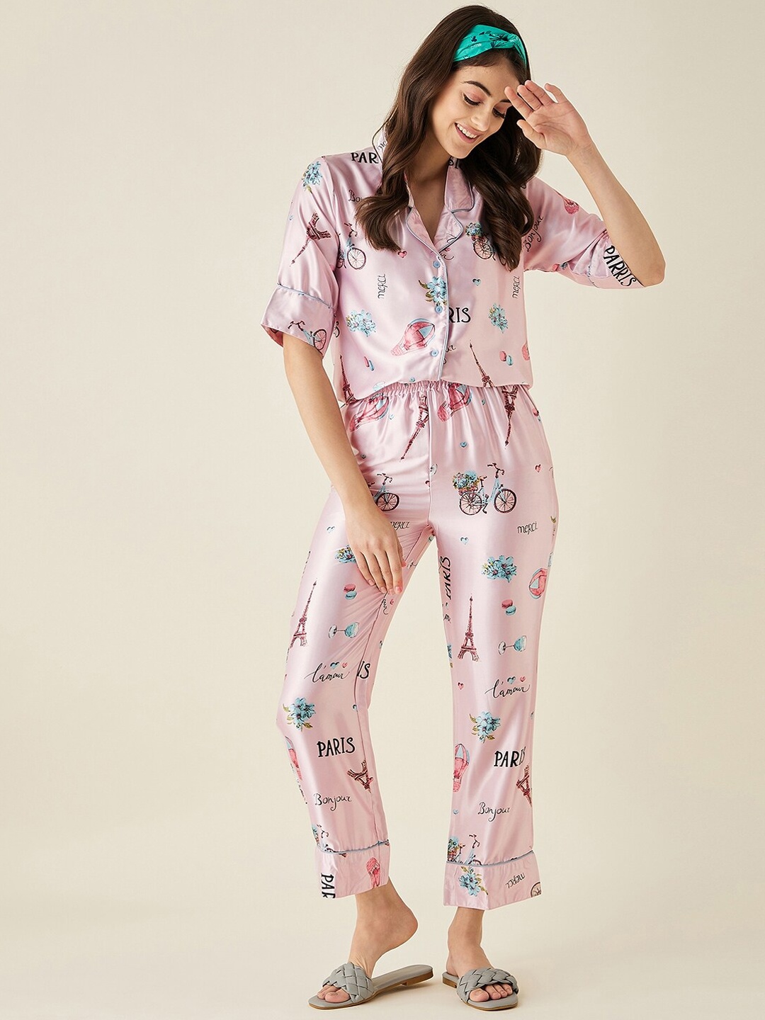 

The Kaftan Company Printed Satin Night suit, Pink