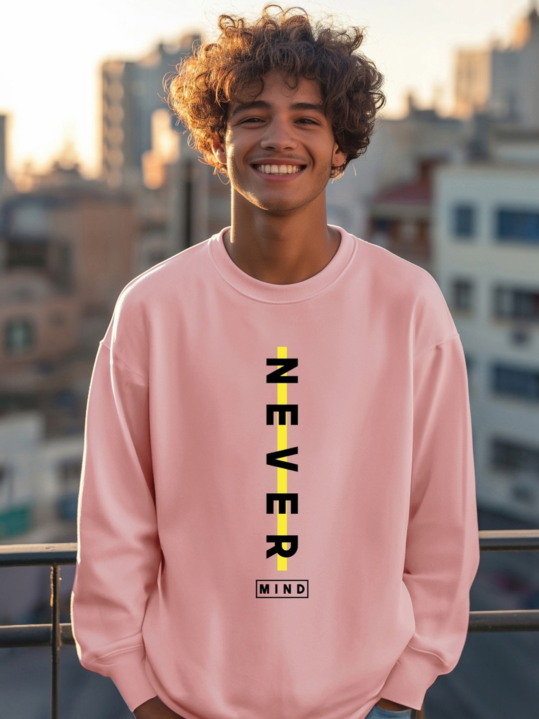 

Bewakoof Never Mind Typography Oversized Printed Fleece Sweatshirt, Pink