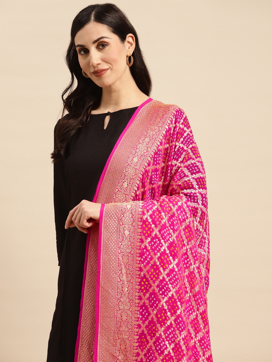 

Banarasi Style Woven Design Bandhani Dupatta with Zari, Pink