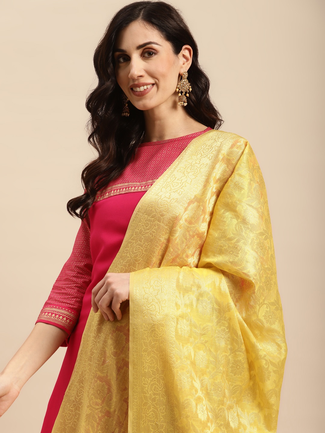 

Banarasi Style Ethnic Motifs Woven Design Dupatta with Zari, Yellow