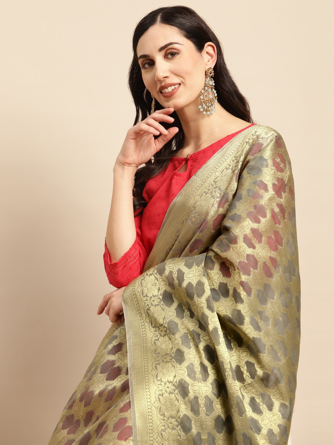 

Banarasi Style Ethnic Motifs Woven Design Dupatta with Zari, Grey