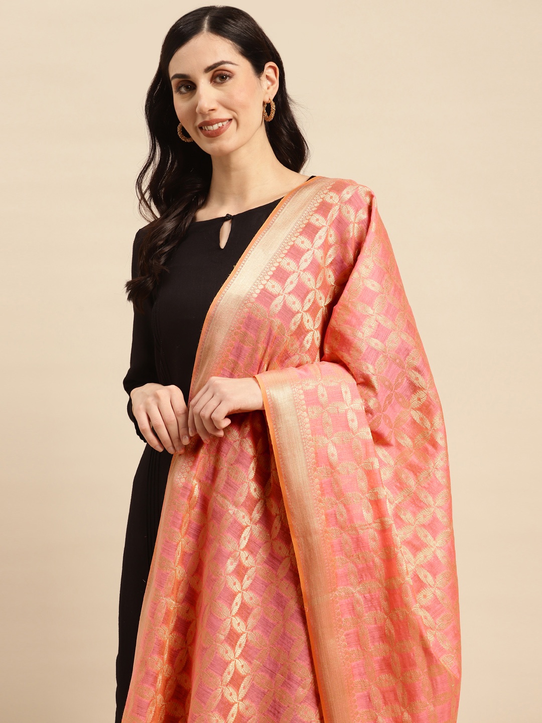 

Banarasi Style Ethnic Motifs Woven Design Dupatta with Zari, Pink