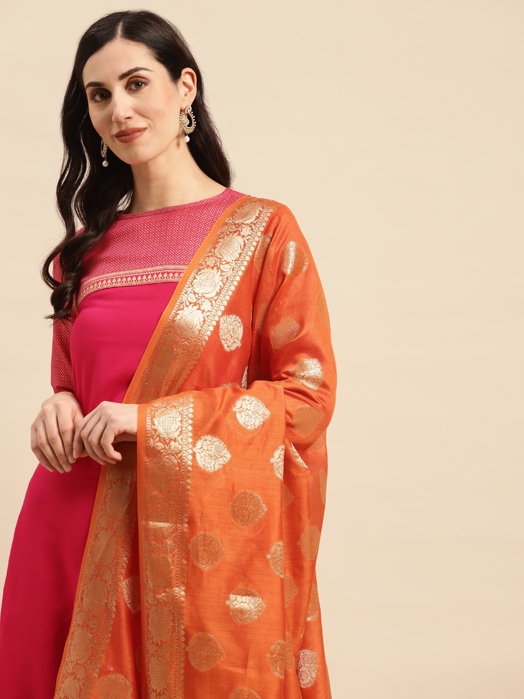 

Banarasi Style Ethnic Motifs Woven Design Dupatta with Zari, Orange