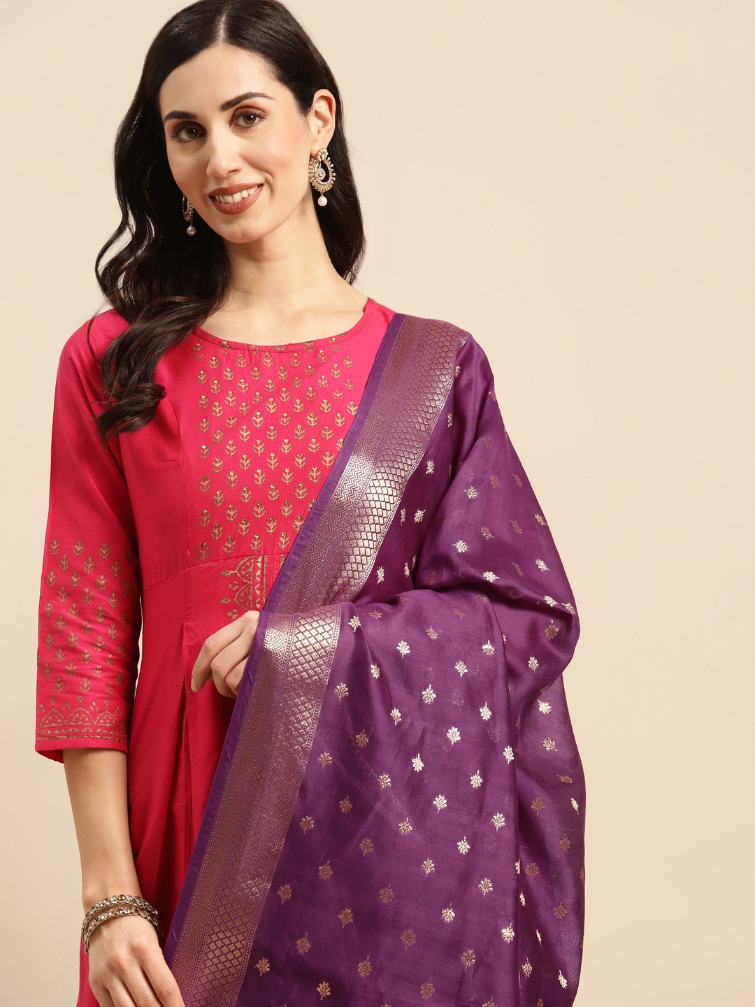 

Banarasi Style Ethnic Motifs Woven Design Dupatta with Zari, Purple