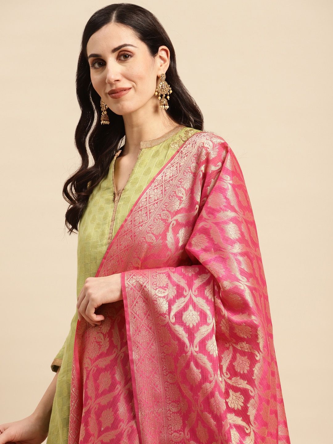 

Banarasi Style Ethnic Motifs Woven Design Dupatta with Zari, Pink