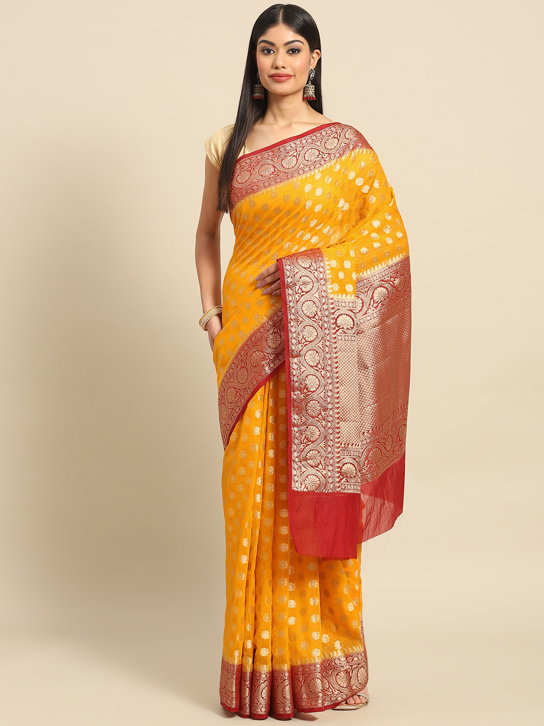 

Banarasi Style Yellow & Maroon Ethnic Motifs Zari Art Silk Banarasi Saree