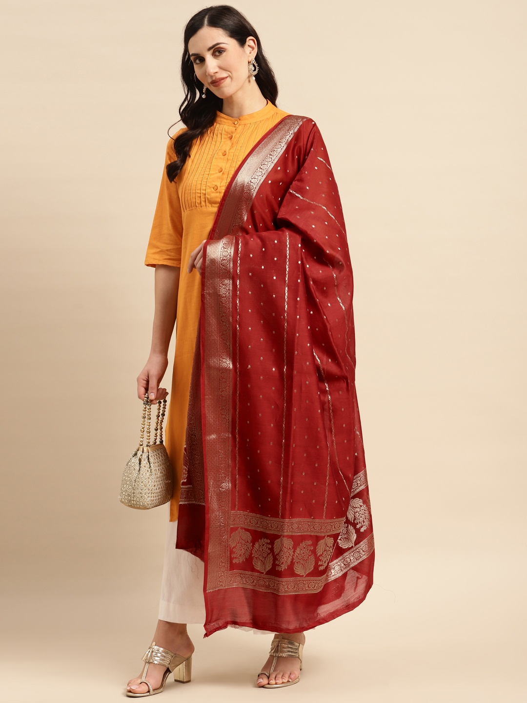 

Banarasi Style Ethnic Motifs Woven Design Dupatta with Zari, Red