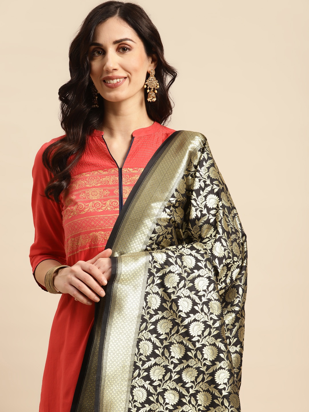 

Banarasi Style Ethnic Motifs Woven Design Dupatta with Zari, Black