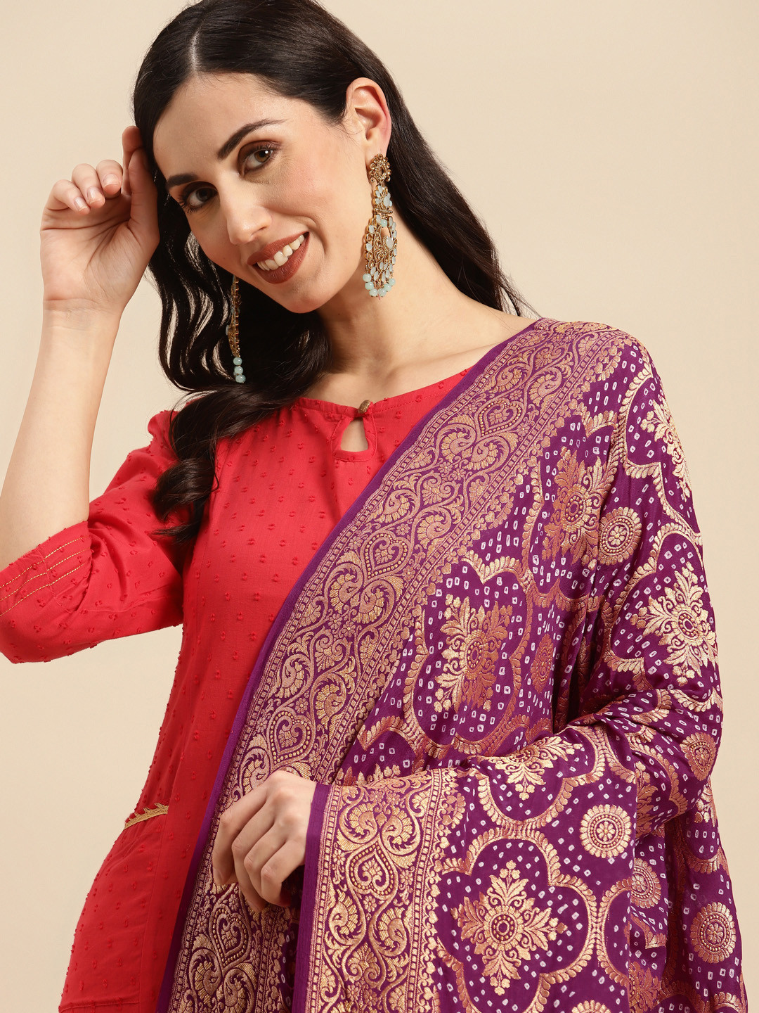 

Banarasi Style Woven Design Bandhani Dupatta with Zari, Purple