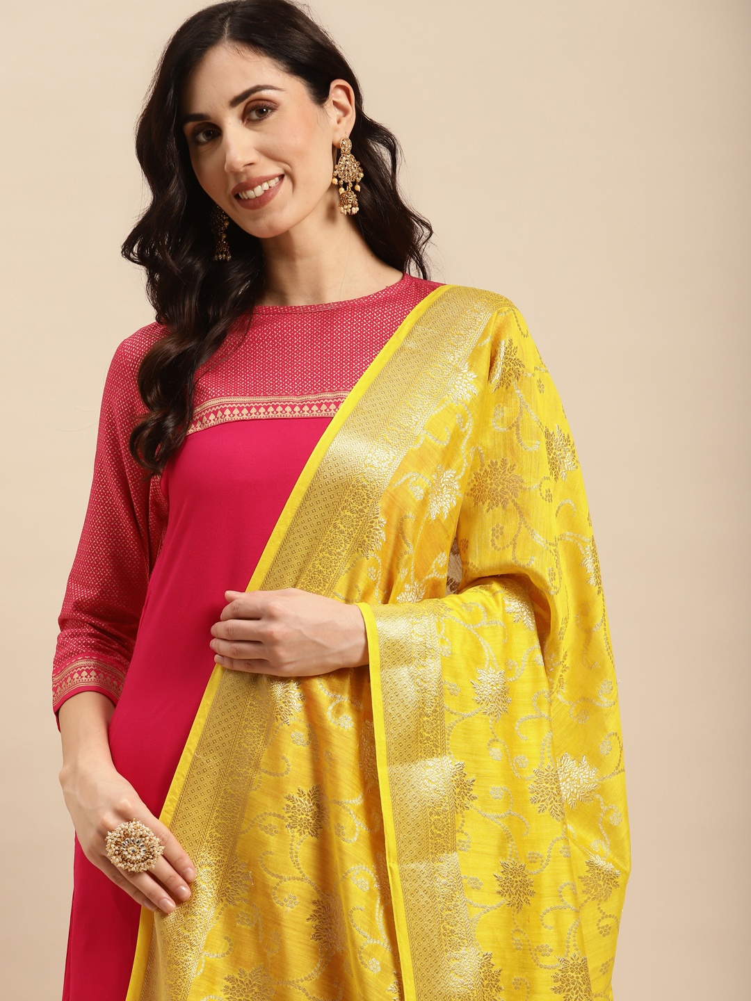 

Banarasi Style Ethnic Motifs Woven Design Dupatta with Zari, Yellow