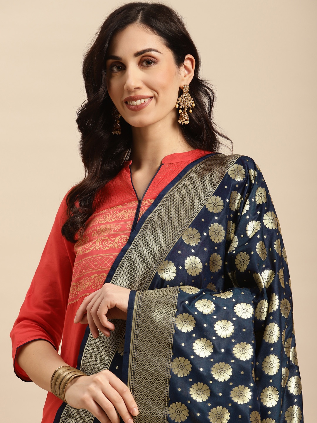

Banarasi Style Woven Design Dupatta with Zari, Navy blue