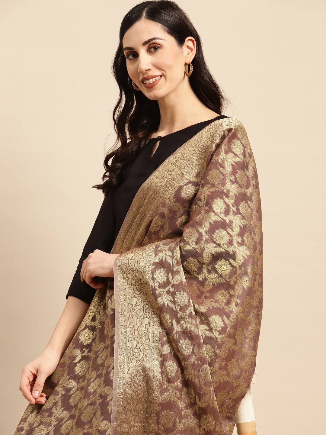 

Banarasi Style Ethnic Motifs Woven Design Dupatta with Zari, Brown