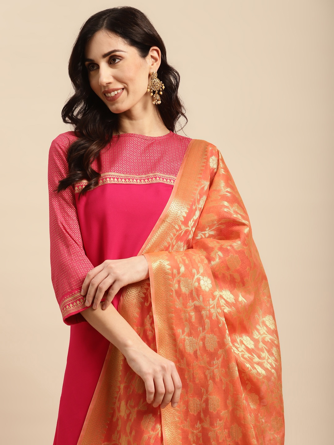 

Banarasi Style Ethnic Motifs Woven Design Dupatta with Zari, Peach