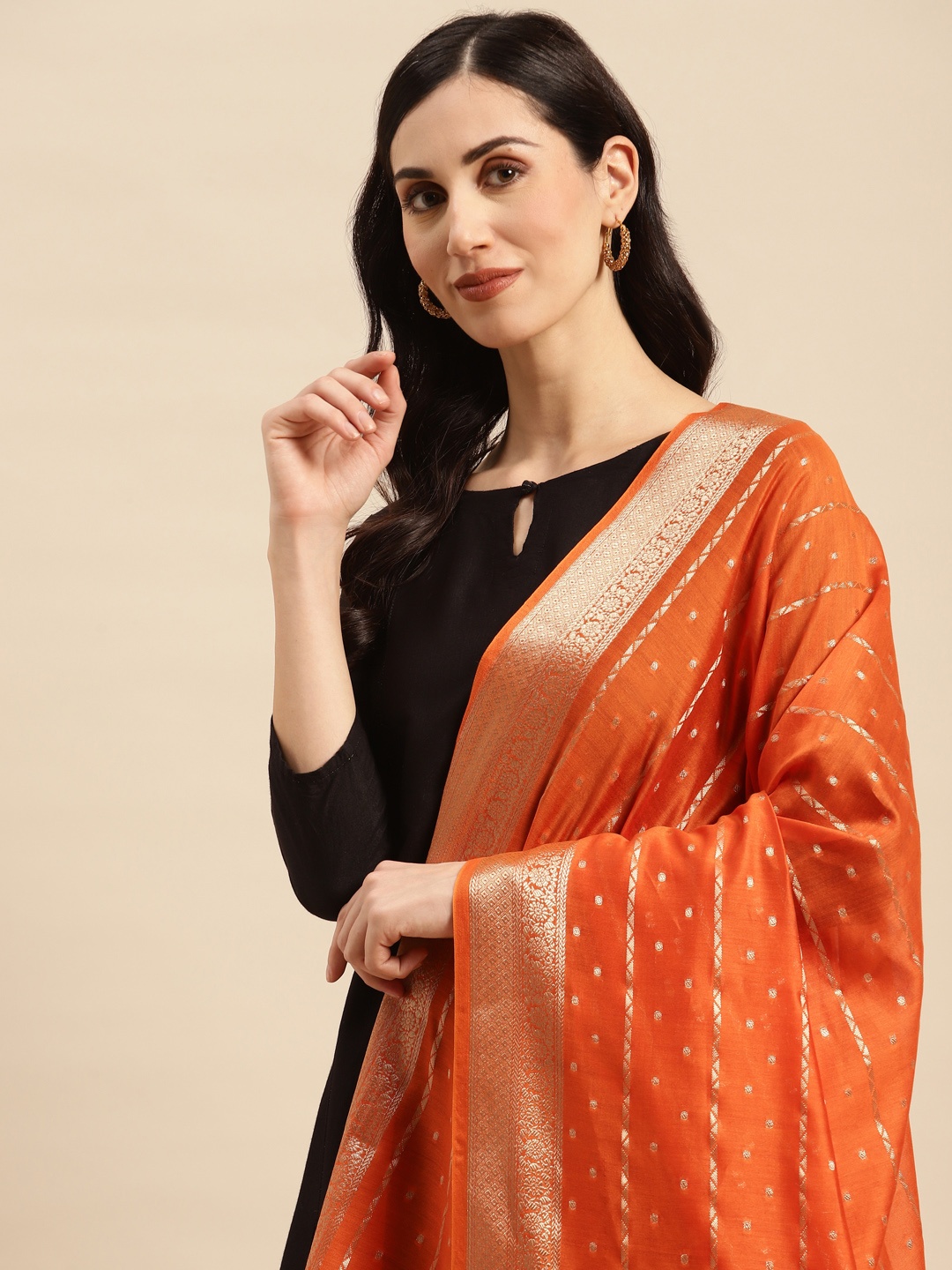 

Banarasi Style Ethnic Motifs Woven Design Dupatta with Zari, Orange