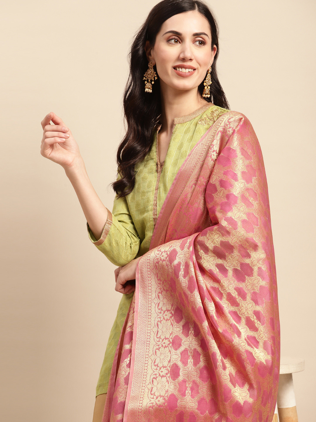 

Banarasi Style Ethnic Motifs Woven Design Dupatta with Zari, Pink