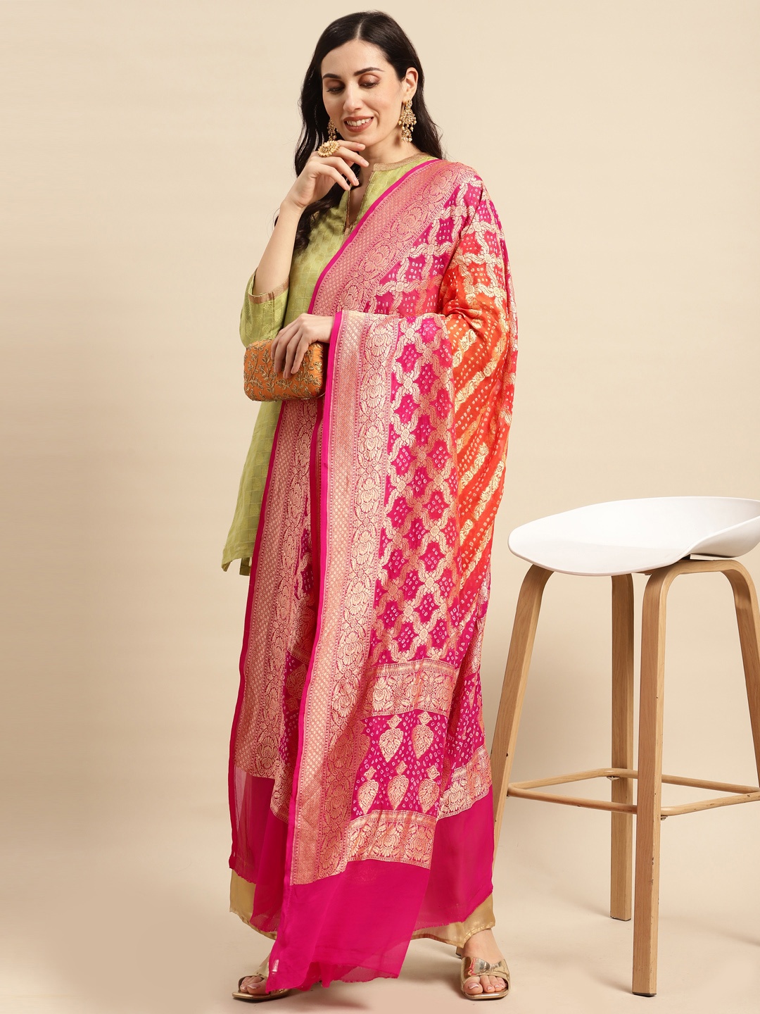 

Banarasi Style Woven Design Bandhani Dupatta with Zari, Orange