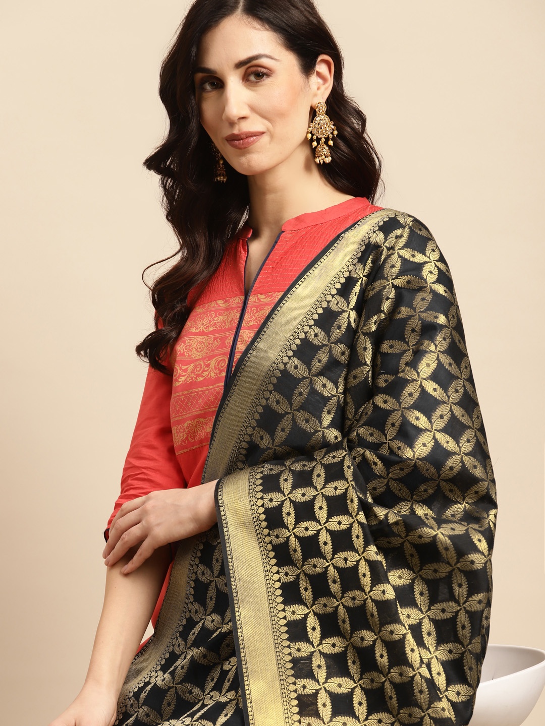 

Banarasi Style Ethnic Motifs Woven Design Dupatta with Zari, Black