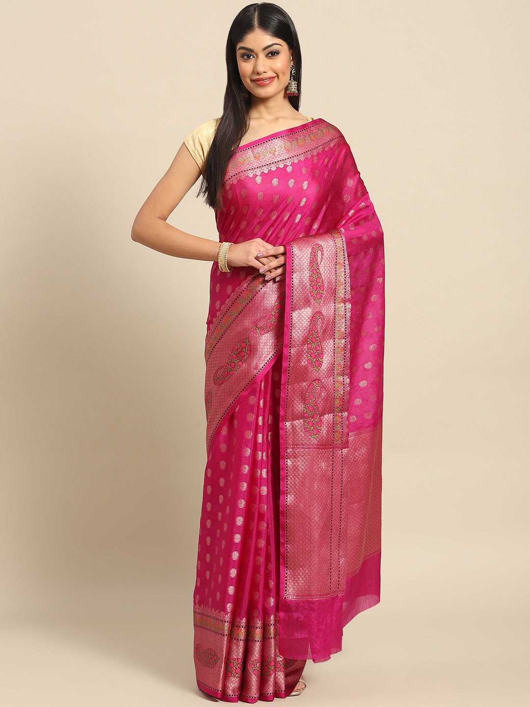 

Banarasi Style Pink Ethnic Motifs Zari Art Silk Banarasi Saree