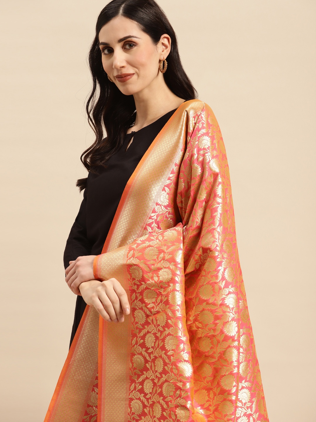 

Banarasi Style Ethnic Motifs Woven Design Dupatta with Zari, Pink