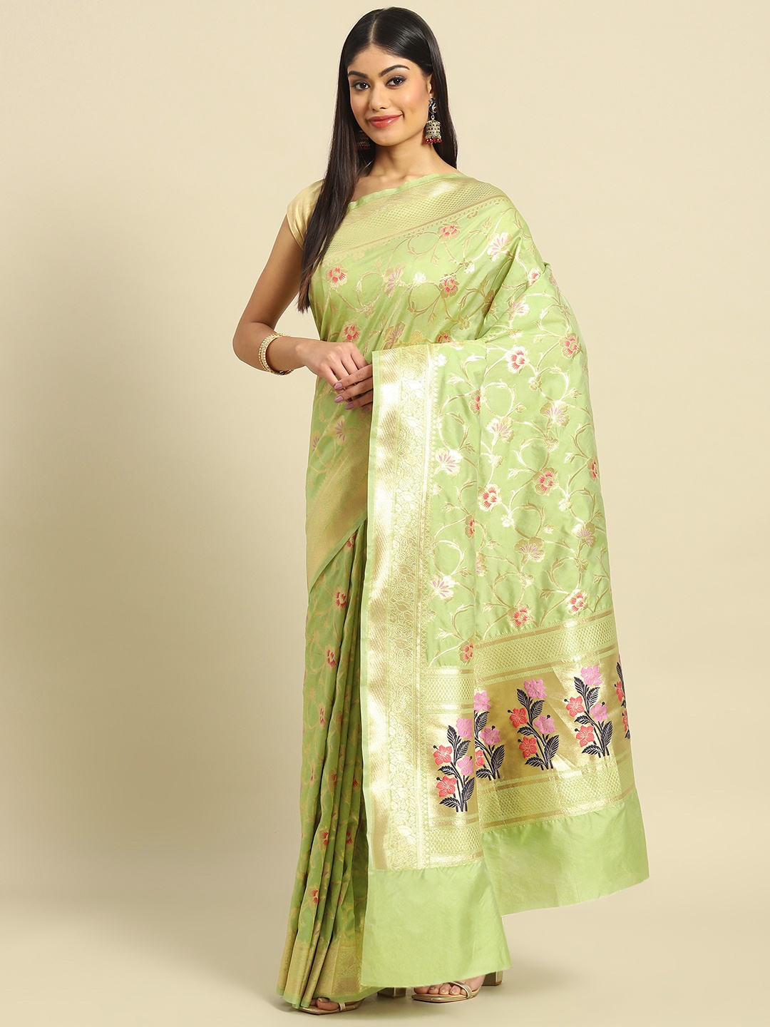

Banarasi Style Green Floral Zari Art Silk Banarasi Saree