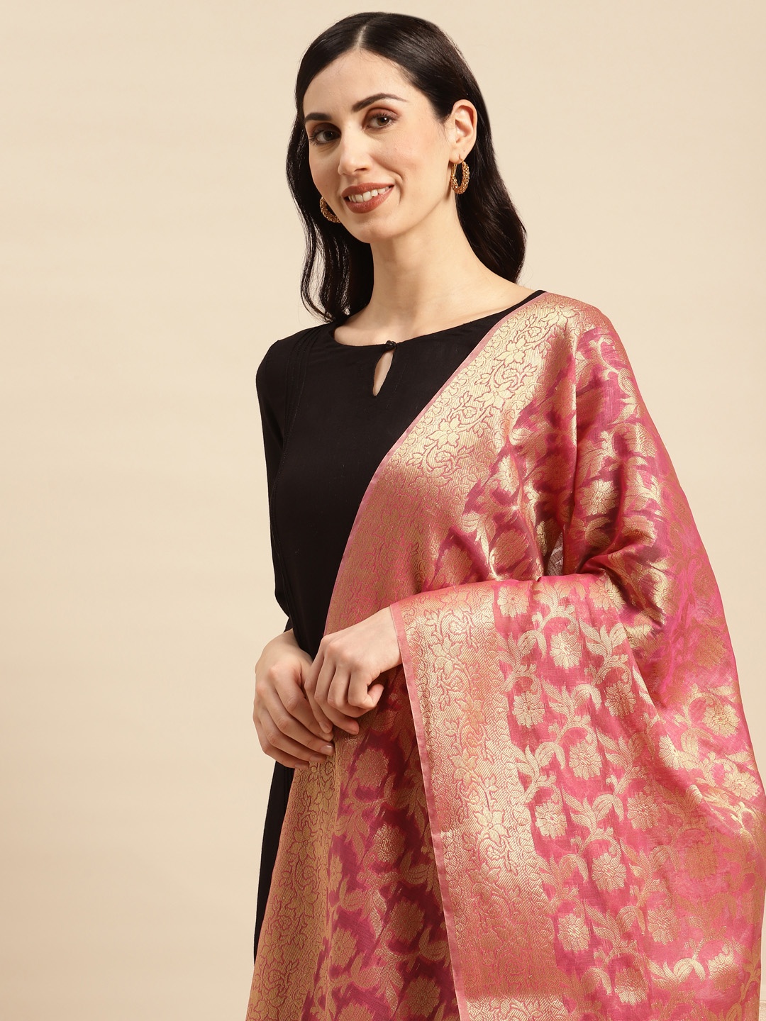 

Banarasi Style Ethnic Motifs Woven Design Dupatta with Zari, Pink