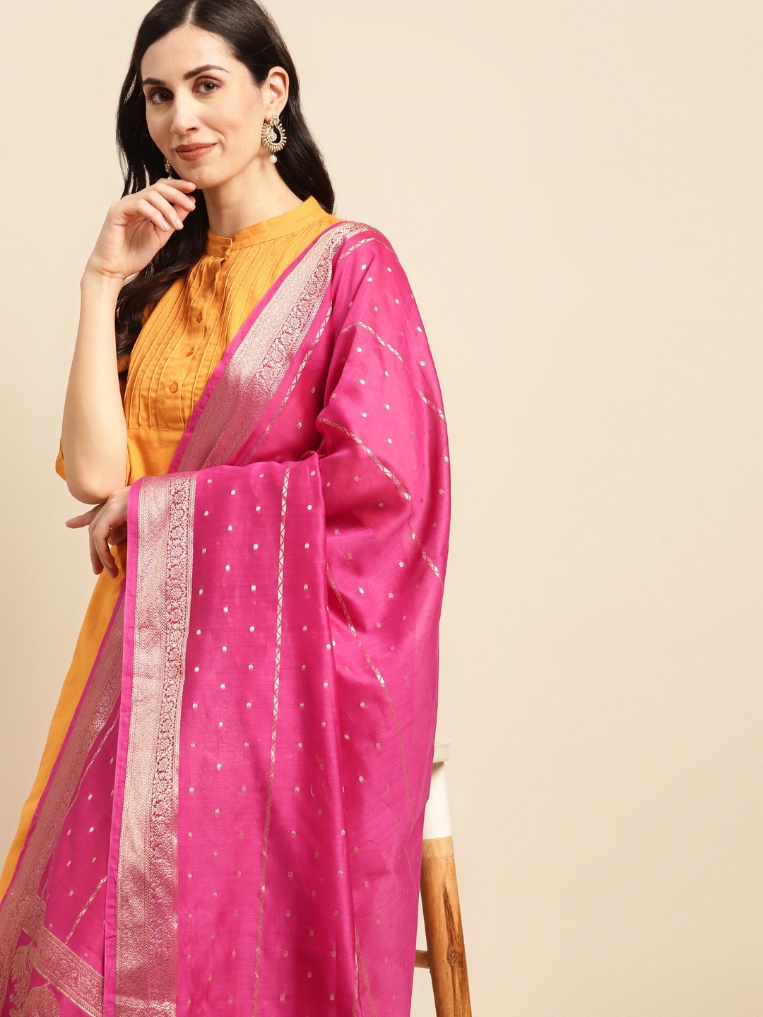 

Banarasi Style Ethnic Motifs Woven Design Dupatta with Zari, Pink