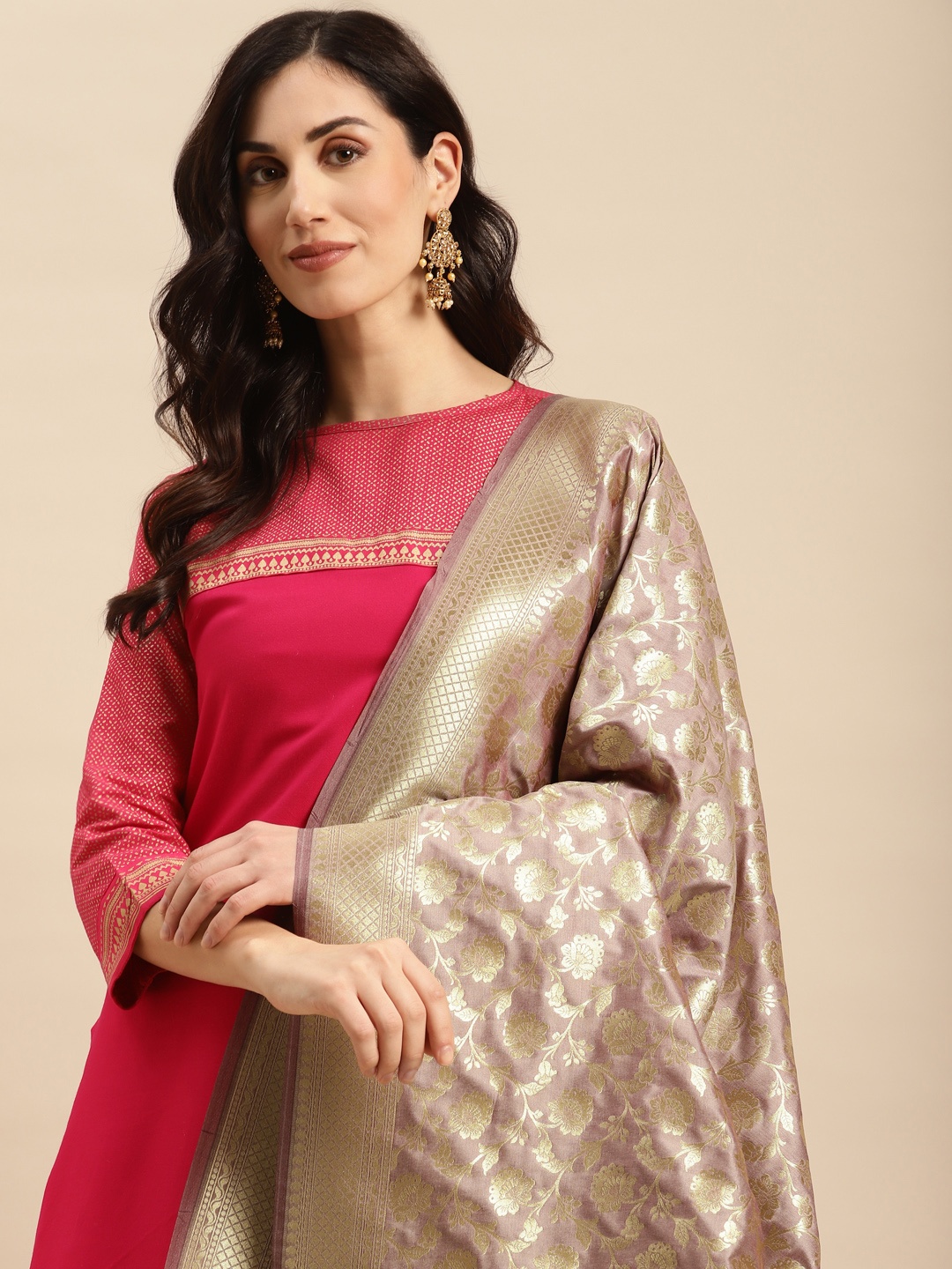 

Banarasi Style Ethnic Motifs Woven Design Dupatta with Zari, Mauve