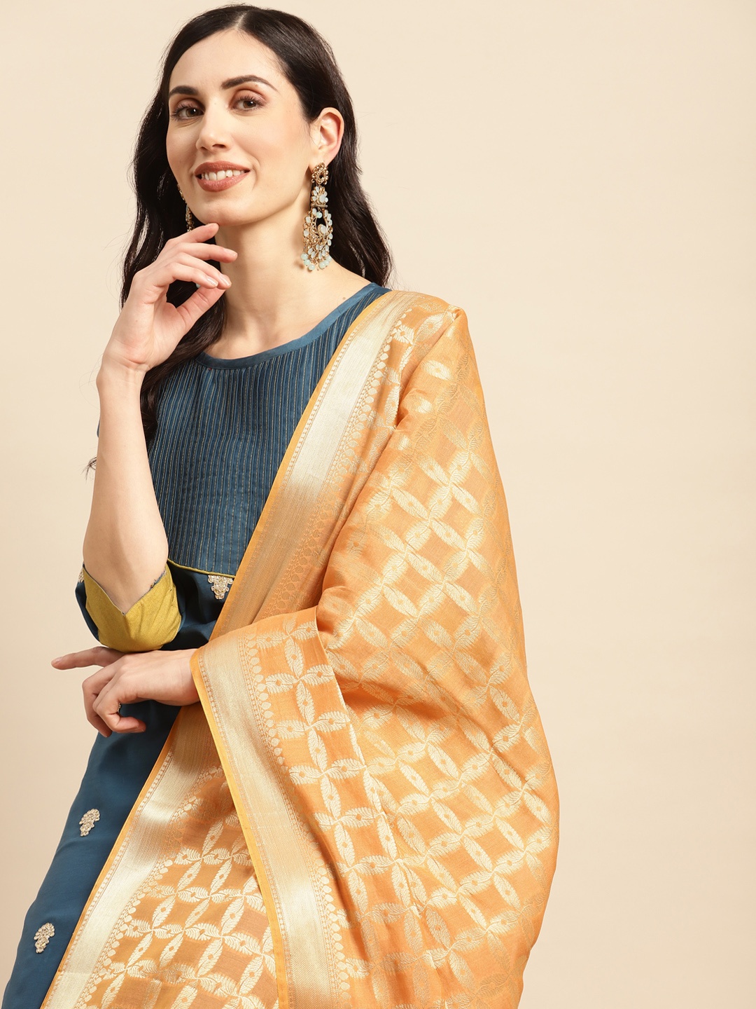 

Banarasi Style Ethnic Motifs Woven Design Dupatta with Zari, Peach