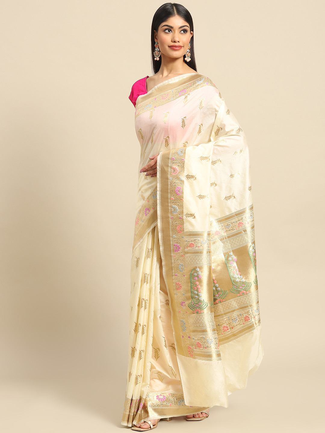 

Banarasi Style Off White & Olive Green Floral Embroidered Art Silk Banarasi Saree
