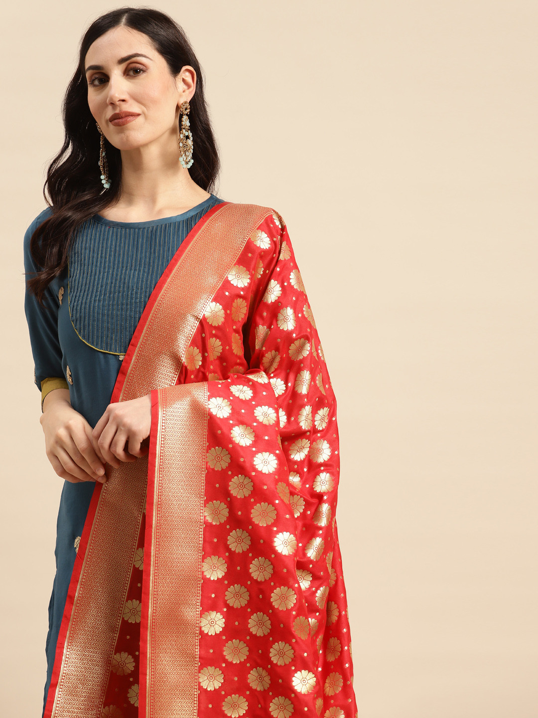 

Banarasi Style Ethnic Motifs Woven Design Dupatta with Zari, Red