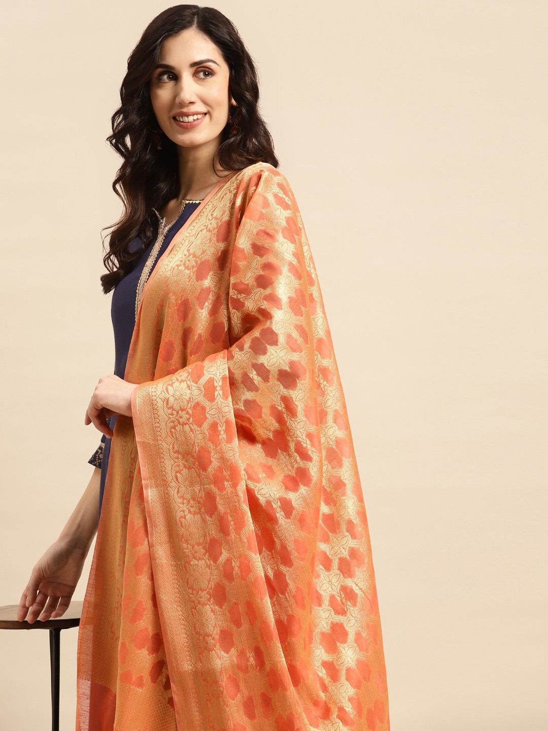 

Banarasi Style Ethnic Motifs Woven Design Dupatta with Zari, Peach