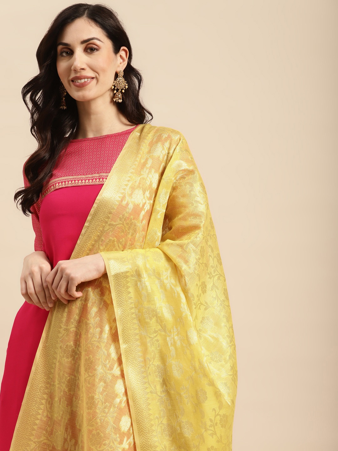 

Banarasi Style Ethnic Motifs Woven Design Dupatta with Zari, Yellow