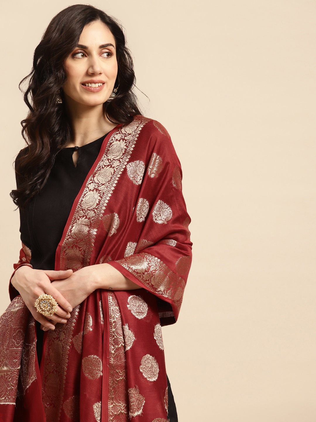 

Banarasi Style Ethnic Motifs Woven Design Dupatta with Zari, Red