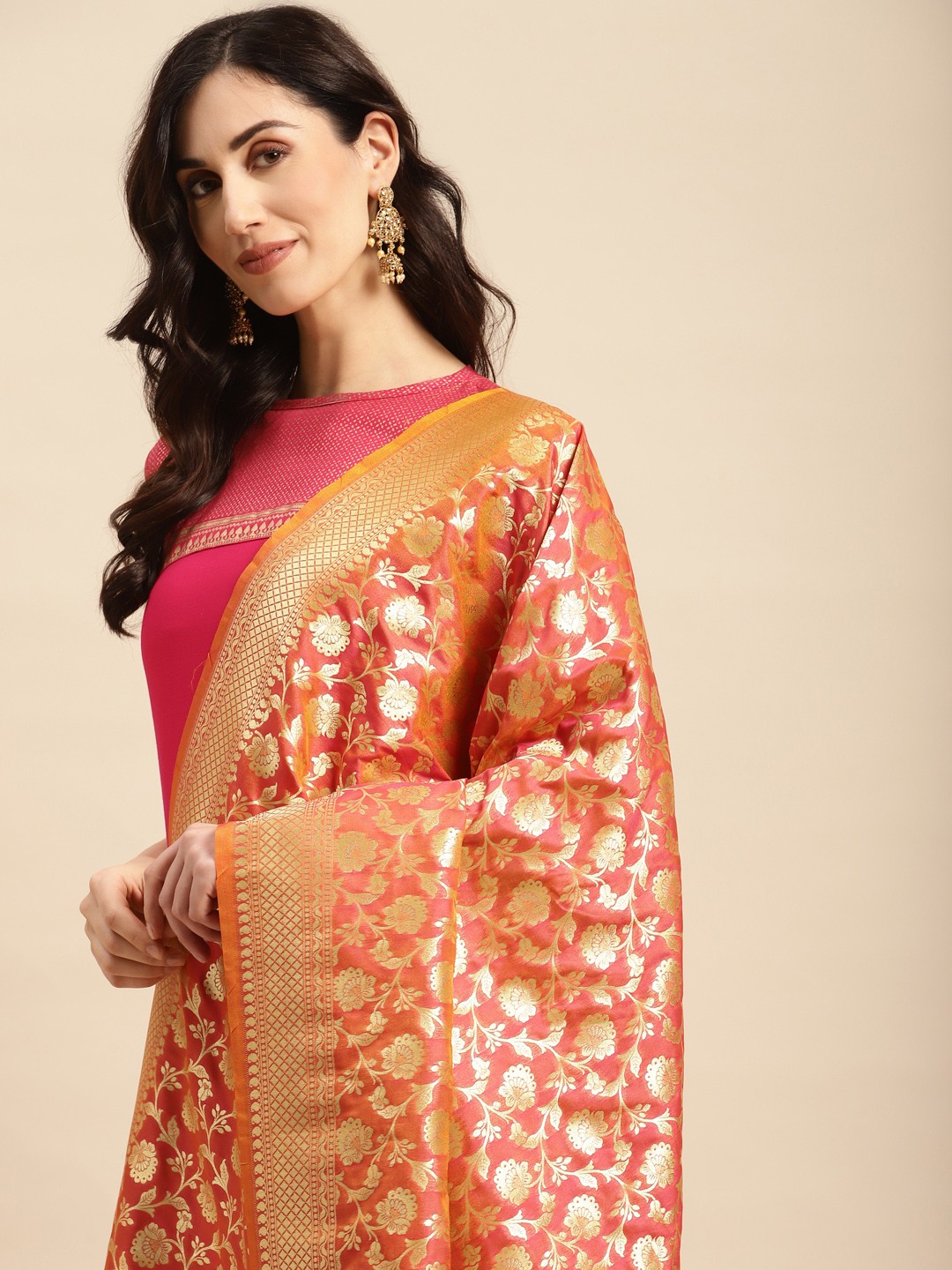

Banarasi Style Ethnic Motifs Woven Design Dupatta with Zari, Peach