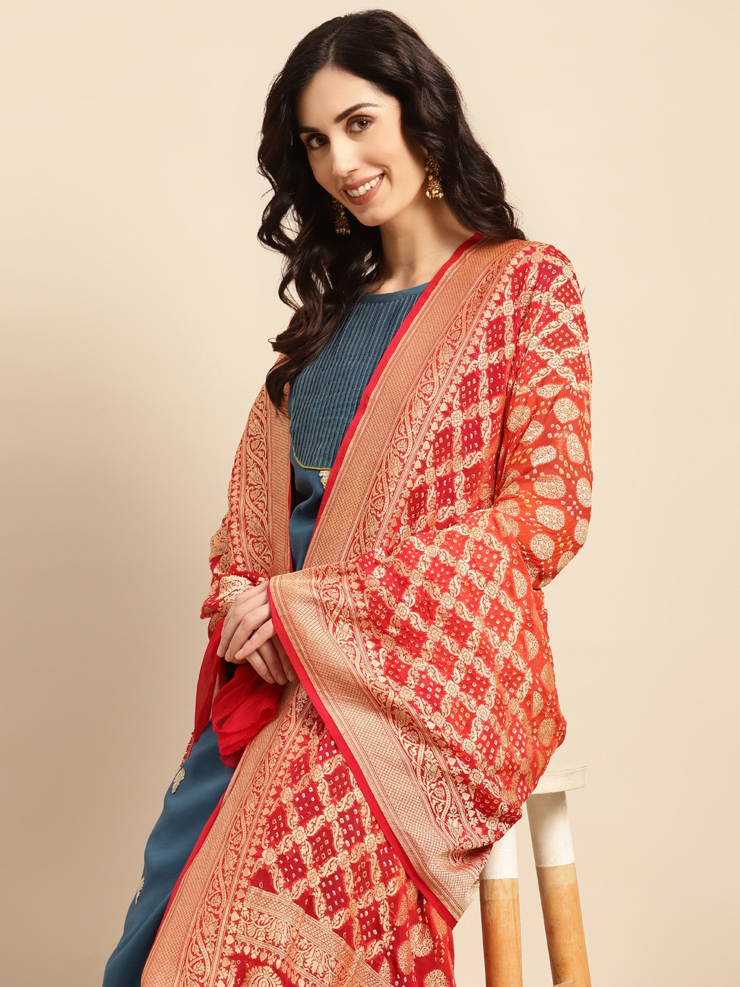 

Banarasi Style Woven Design Bandhani Dupatta with Zari, Orange