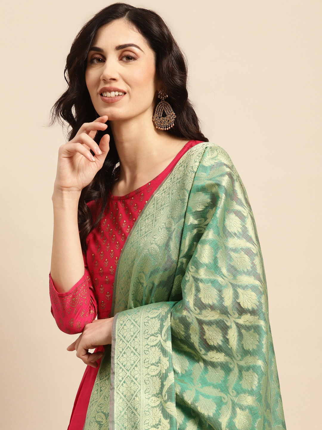 

Banarasi Style Ethnic Motifs Woven Design Dupatta with Zari, Green