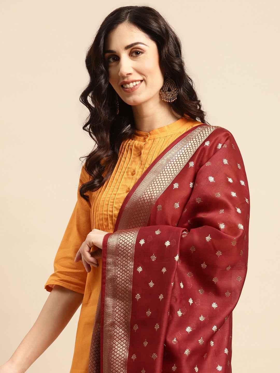 

Banarasi Style Ethnic Motifs Woven Design Dupatta with Zari, Red