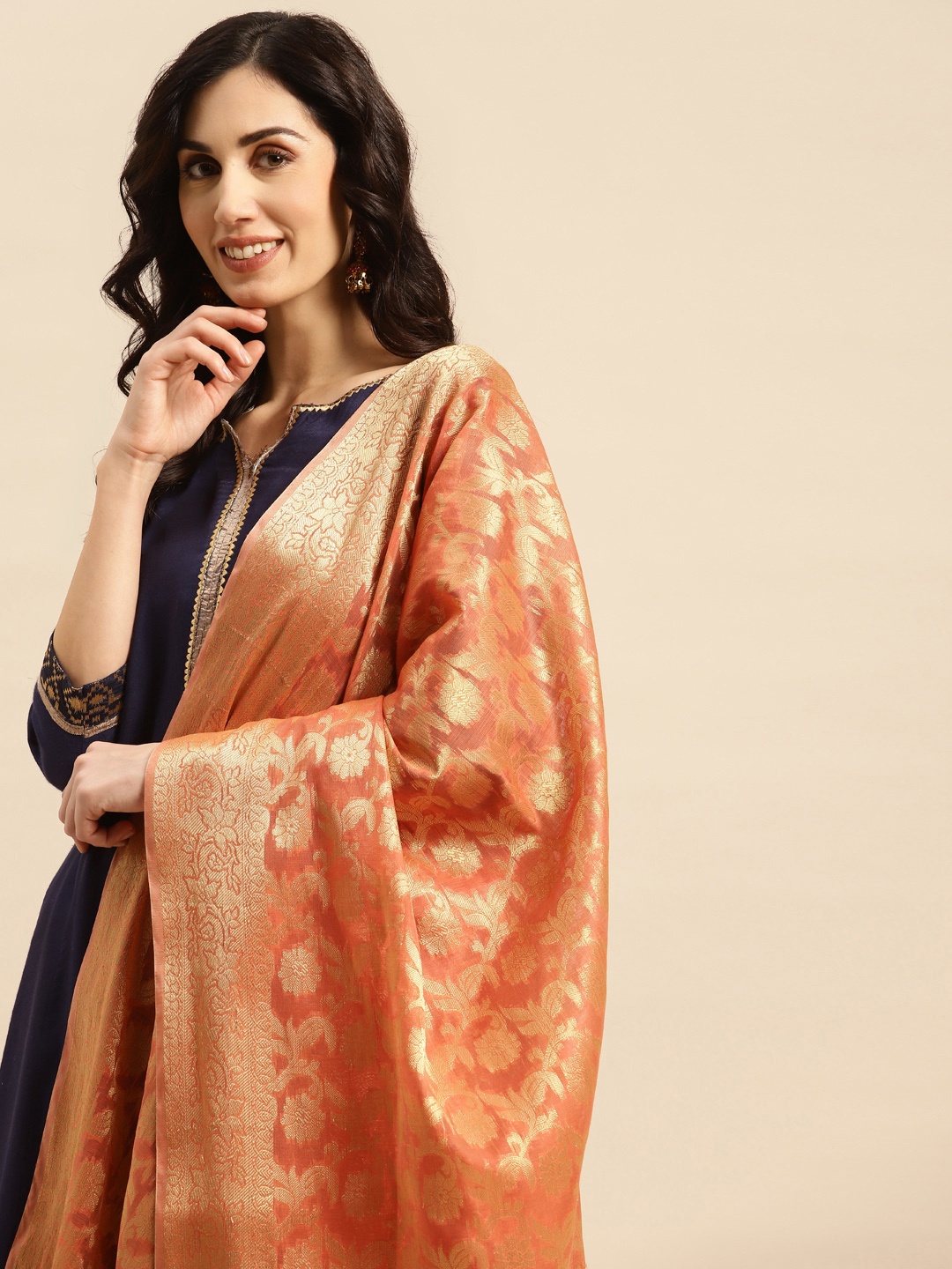 

Banarasi Style Ethnic Motifs Woven Design Dupatta with Zari, Peach