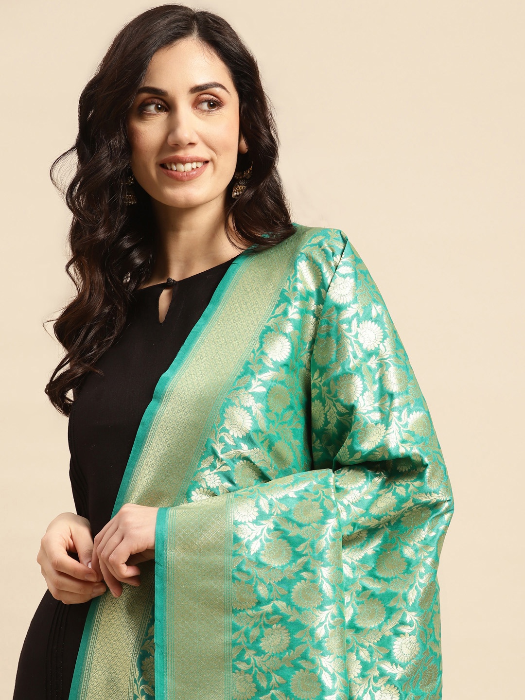 

Banarasi Style Ethnic Motifs Woven Design Dupatta with Zari, Green