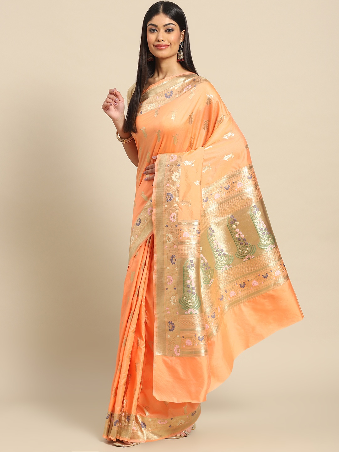 

Banarasi Style Peach-Coloured & Gold-Toned Floral Embroidered Art Silk Banarasi Saree
