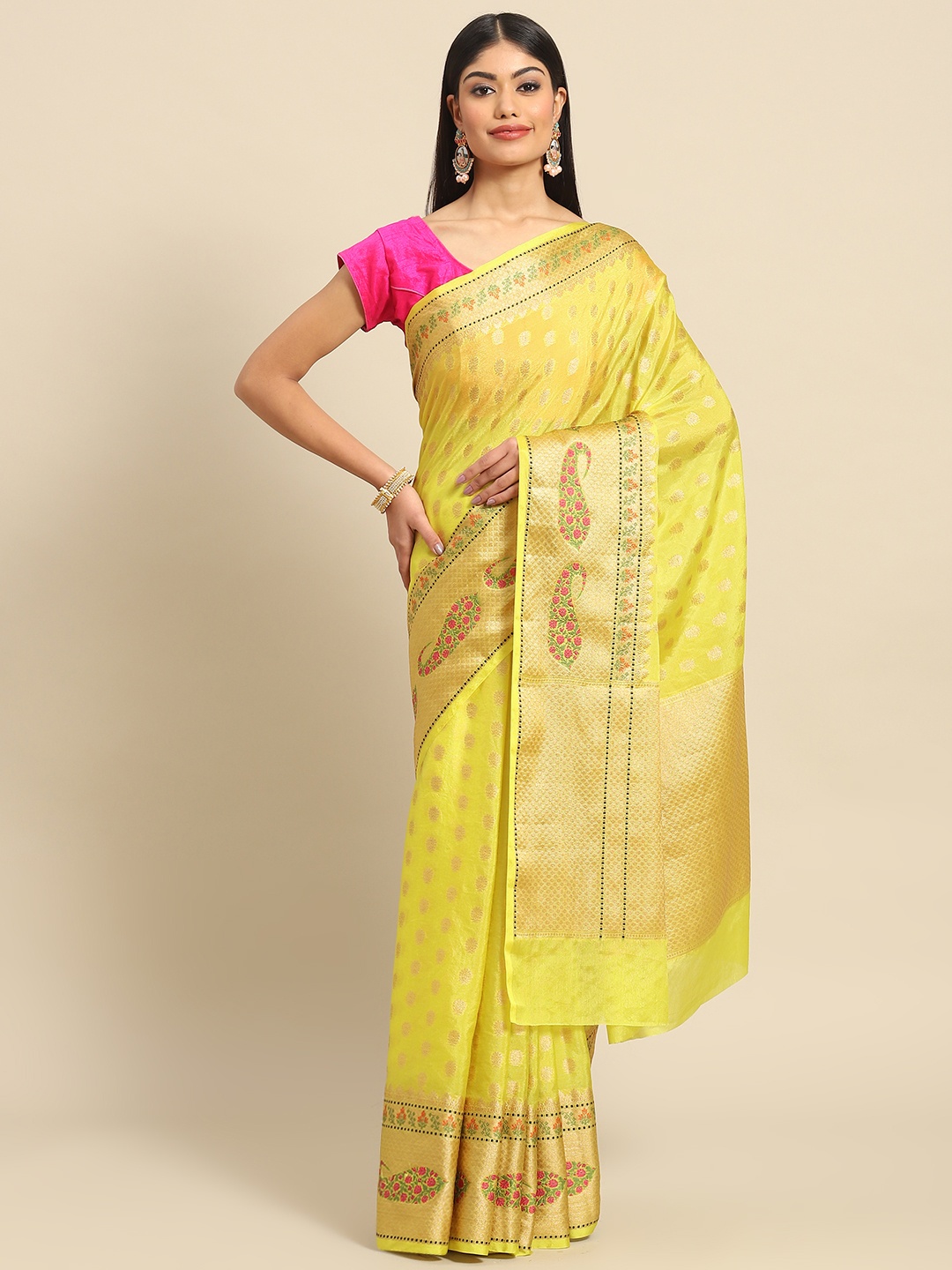 

Banarasi Style Yellow & Beige Ethnic Motifs Zari Art Silk Banarasi Saree