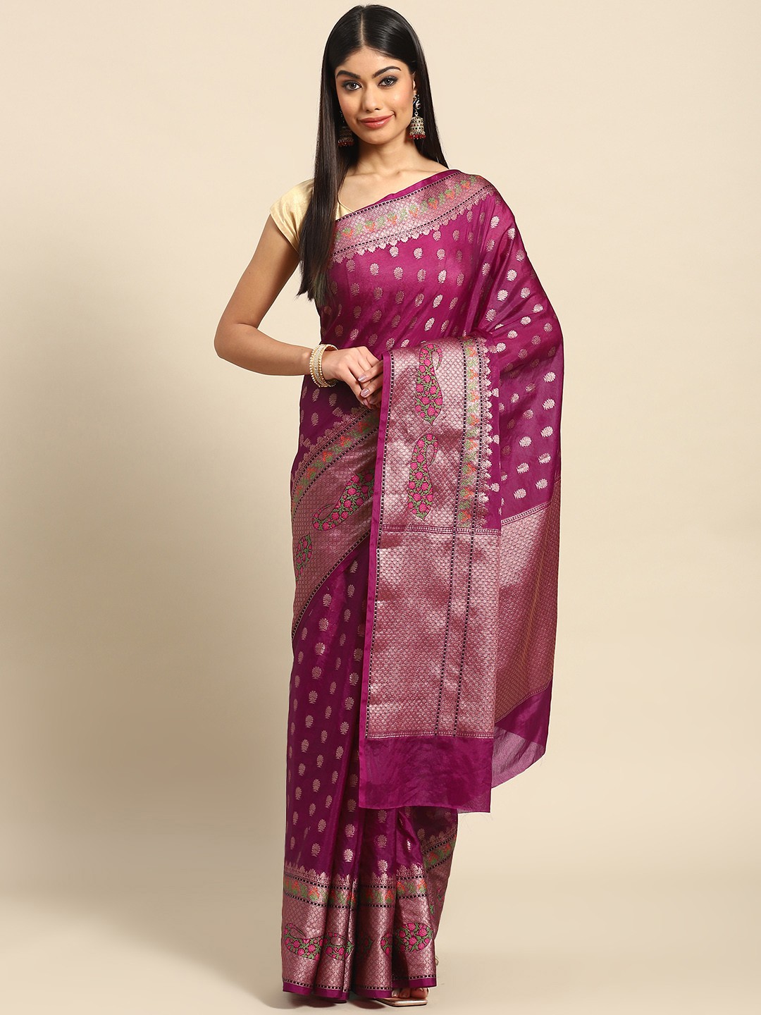 

Banarasi Style Magenta Ethnic Motifs Zari Art Silk Banarasi Saree