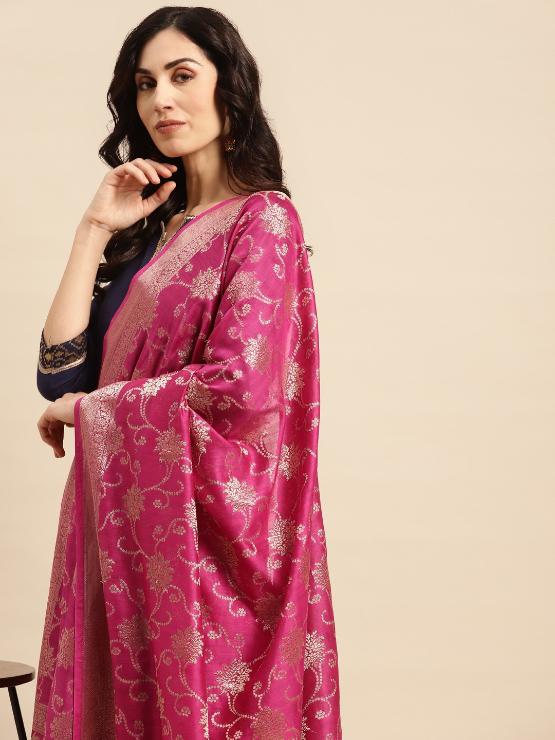 

Banarasi Style Ethnic Motifs Woven Design Dupatta with Zari, Pink