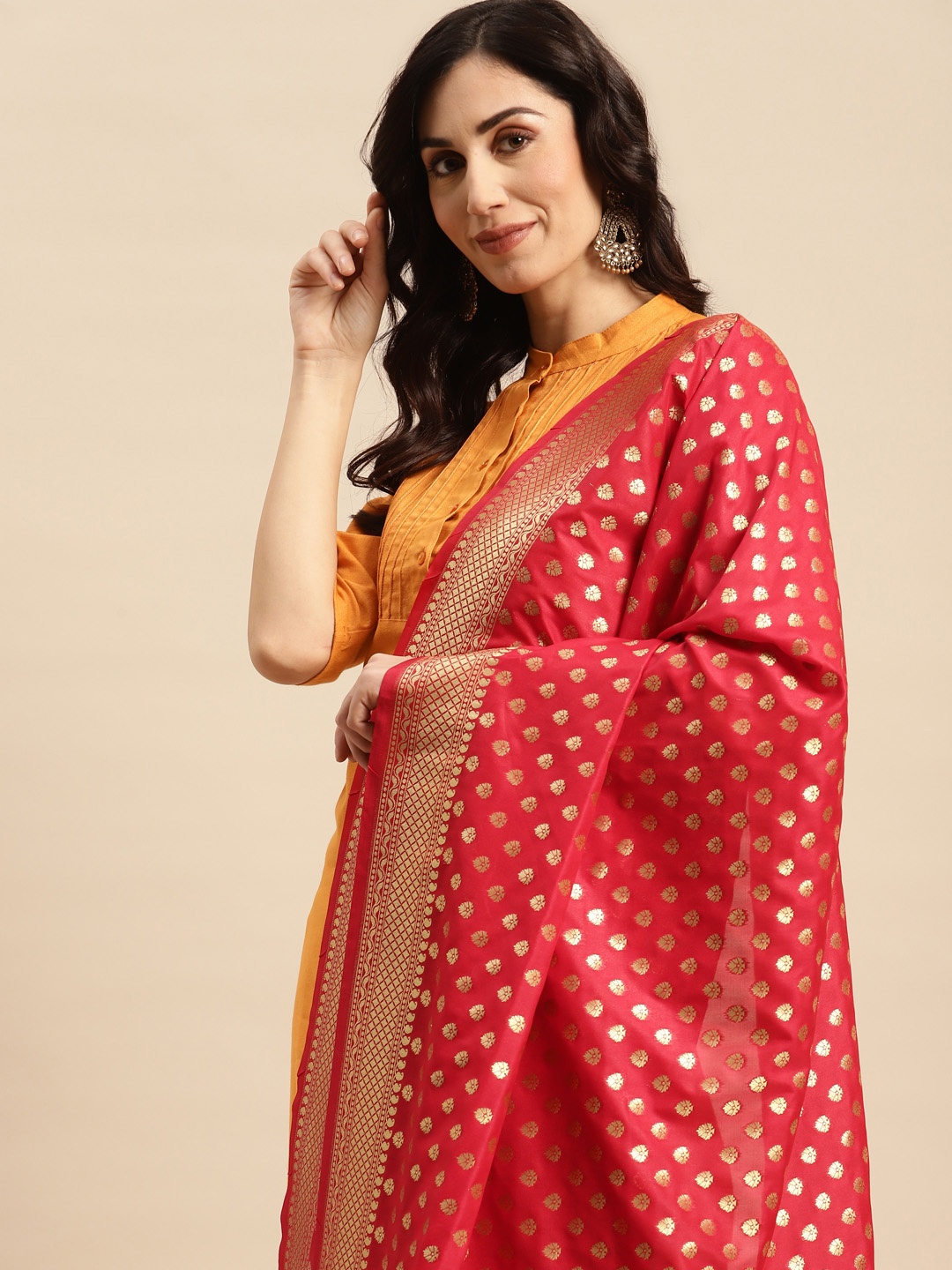 

Banarasi Style Ethnic Motifs Woven Design Dupatta with Zari, Red